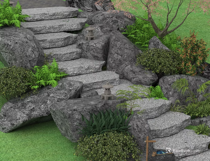 Natural Stone Steps In Garden Landscape With Green Plants And Rocks 3d model 