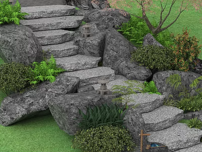 Natural Stone Steps In Garden Landscape With Green Plants And Rocks 3d model