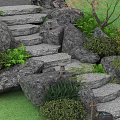 Natural Stone Steps In Garden Landscape With Green Plants And Rocks