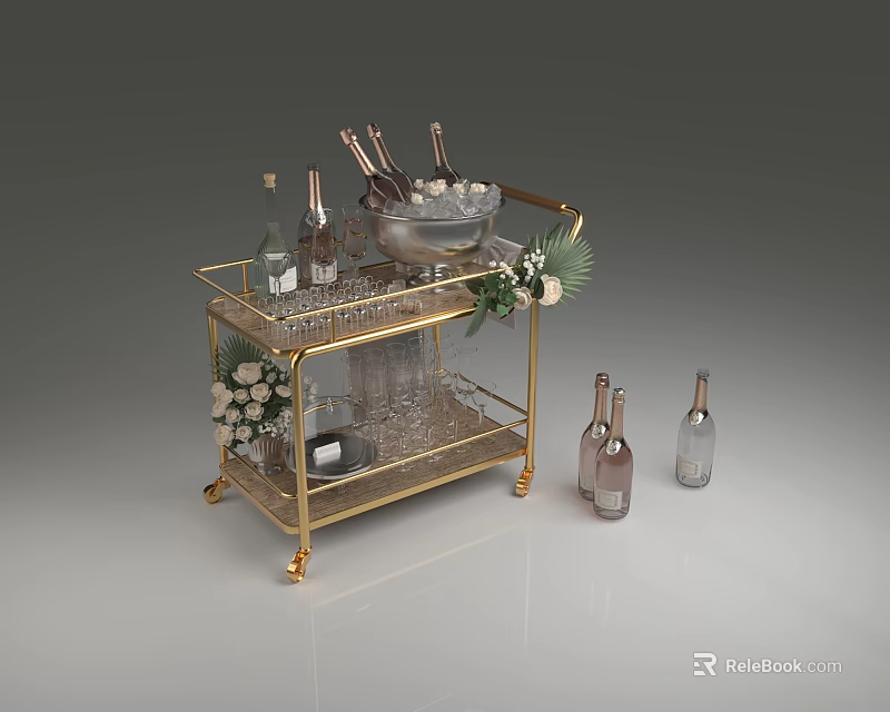 Golden Bar Cart With Champagne Bottles Wine Glasses Ice Bucket And Floral Decorations 3d model 