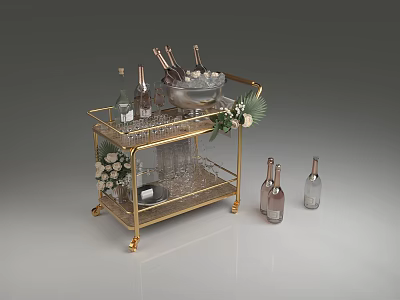 Golden Bar Cart With Champagne Bottles Wine Glasses Ice Bucket And Floral Decorations 3d model