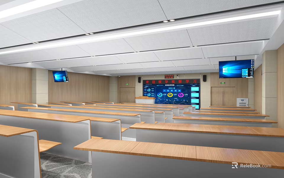 School Smart Classroom With Long Desks And Screens 3d model 