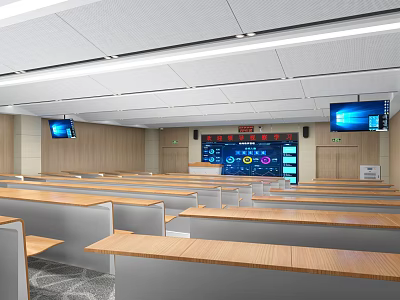 School Smart Classroom With Long Desks And Screens 3d model