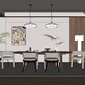 Modern Dining Room Design With Wooden Table Pendant Lights Wall Art And Plants