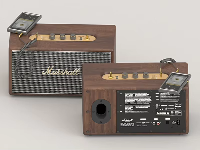 Marshall Vintage Wooden Speakers With Control Knobs Music Player And Front Grille 3d model