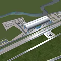 Aerial Planning View of Large Arched Building with River Roads Green Vegetation and Parking Areas