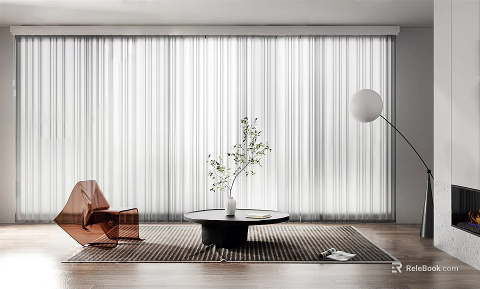 White Sheer Curtains in Modern Interior with Orange Chair Black Table Floor Lamp and Plant 3d model 