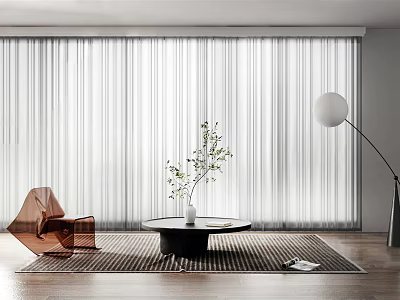 White Sheer Curtains in Modern Interior with Orange Chair Black Table Floor Lamp and Plant 3d model