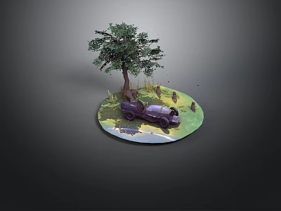 Scenic Diorama With Circular Green Ground Purple Car Tall Tree And Small Plants 3d model