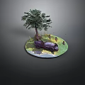 Scenic Diorama With Circular Green Ground Purple Car Tall Tree And Small Plants