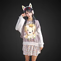 Woman Wearing Cat Ear Headband Gray White Lion Print Sweater and Plaid Mini Skirt