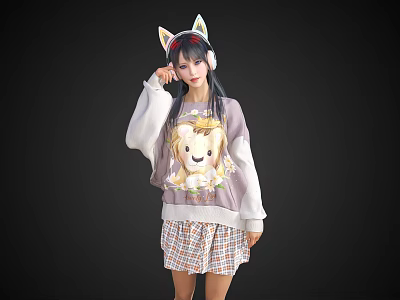 Woman Wearing Cat Ear Headband Gray White Lion Print Sweater and Plaid Mini Skirt 3d model