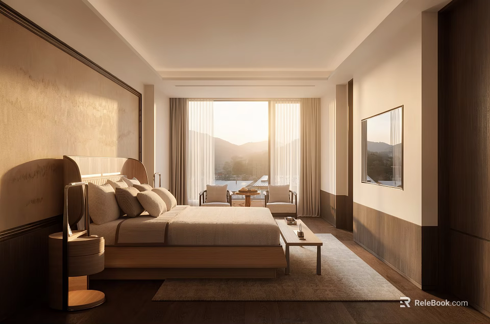 Modern Hotel Room Interior With King Bed Large Window Mountain View And Comfortable Furniture 3d model 