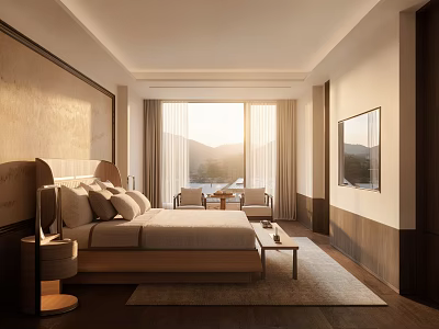 Modern Hotel Room Interior With King Bed Large Window Mountain View And Comfortable Furniture 3d model