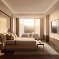 Modern Hotel Room Interior With King Bed Large Window Mountain View And Comfortable Furniture
