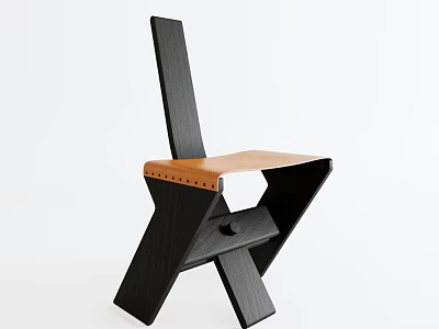 Modern Single Chair With Black Wooden Frame Brown Leather Seat And Crossed Legs 3d model