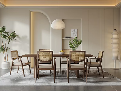 Modern Dining Room Interior With Wooden Table Rattan Chairs Pendant Light And Potted Plant 3d model