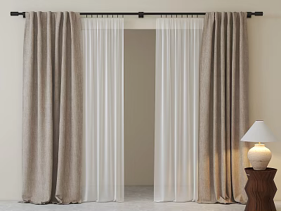 Layered Curtains With Beige Outer White Sheer Inner On Black Rod And Table Lamp 3d model