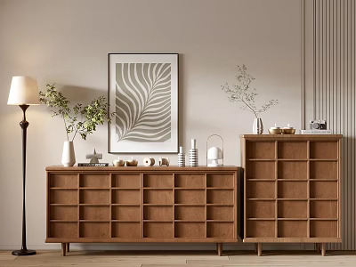 Modern Wooden Entryway Cabinet And Side Cabinet With Floor Lamp Potted Plants And Wall Art 3d model