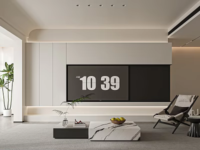 Modern Living Room TV Wall With Gray Black Panel Embedded TV And Marble Coffee Table 3d model