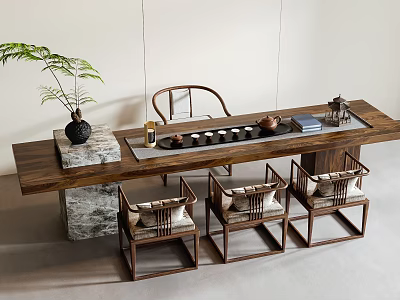 Minimalist Chinese Wooden Tea Table And Chairs With Tea Sets Green Plant And Stone Base 3d model