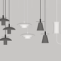 Modern Style Pendant Lights With Various Designs Hanging On White Background In Black And White