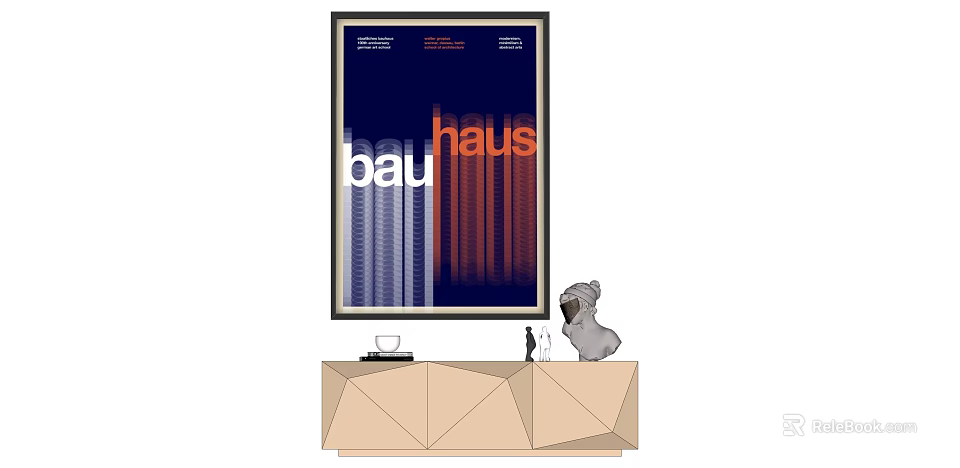Bauhaus Poster With Blue Orange Design On Geometric Cabinet With Dog Figurine 3d model 