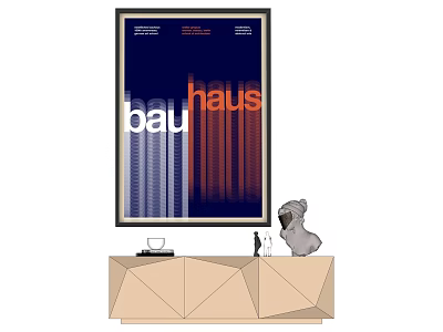 Bauhaus Poster With Blue Orange Design On Geometric Cabinet With Dog Figurine 3d model