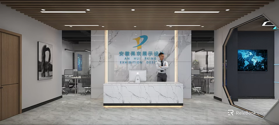 Modern Office Front Desk Reception With Marble Wall Counter And Professional Staff 3d model 