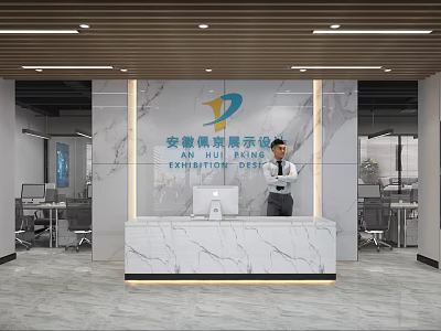 Modern Office Front Desk Reception With Marble Wall Counter And Professional Staff 3d model