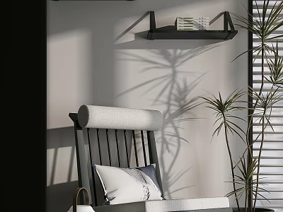 Modern Comfortable Lounge Chair With Soft White Cushions Black Wall Shelf And Potted Palm 3d model