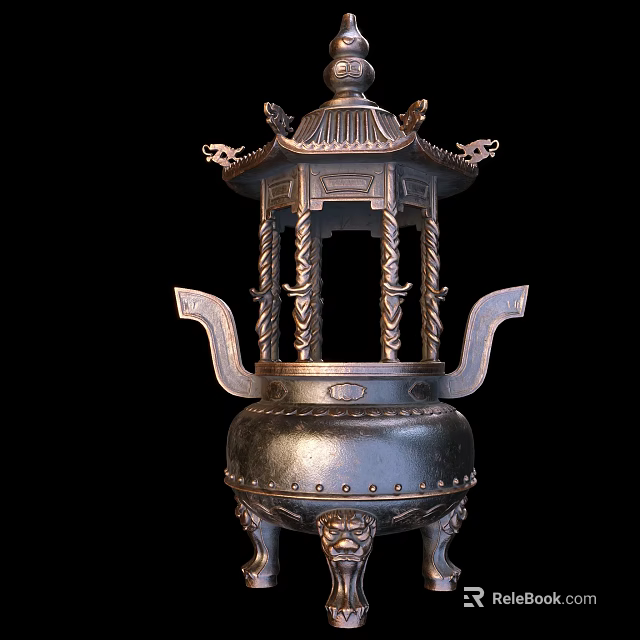 Chinese Style Metal Garden Ornament With Pagoda Top Twisted Columns And Lion Feet 3d model 