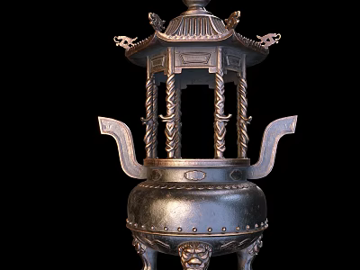 Chinese Style Metal Garden Ornament With Pagoda Top Twisted Columns And Lion Feet 3d model