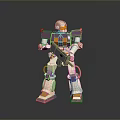 Detailed White And Purple Robot Model Holding Weapon On Black Reflective Surface