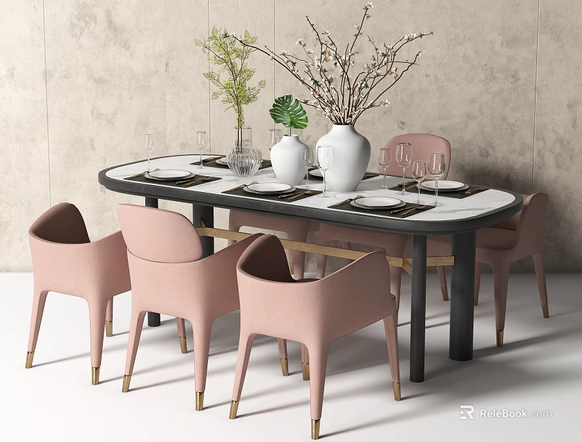 Modern Dining Table Set with Oval Marble Tabletop Pink Chairs Vase Branches and Green Plant 3d model 