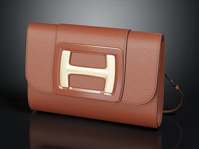 Brown Leather Clutch With Gold H Logo And Elegant Smooth Design 3d model