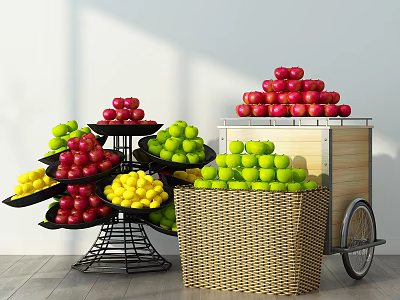 Fresh Red And Green Apples Display With Black Metal Rack Wicker Basket And Wheeled Cart 3d model