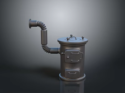 Metal Industrial Device with Curved Pipe Cylindrical Body Top Lid and Reflective Base Design 3d model