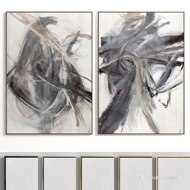 Two Abstract Painting Frames with Gray Black White Gold Brush Strokes 3d model 