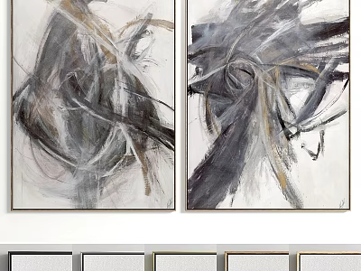 Two Abstract Painting Frames with Gray Black White Gold Brush Strokes 3d model