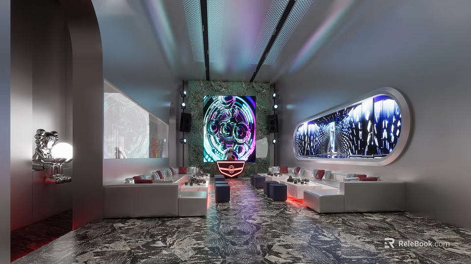 Modern Bar Interior Design With Neon Lights Sofa Seating And Digital Art 3d model 