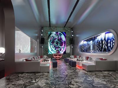 Modern Bar Interior Design With Neon Lights Sofa Seating And Digital Art 3d model