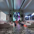 Modern Bar Interior Design With Neon Lights Sofa Seating And Digital Art