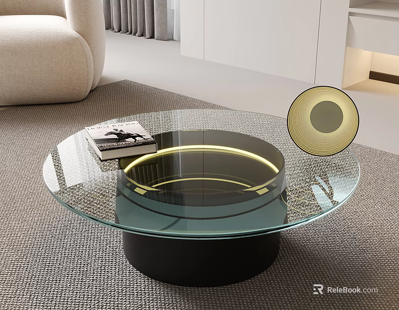 Modern Glass Coffee Table With Illuminated Ring And Black Base In Living Room 3d model 