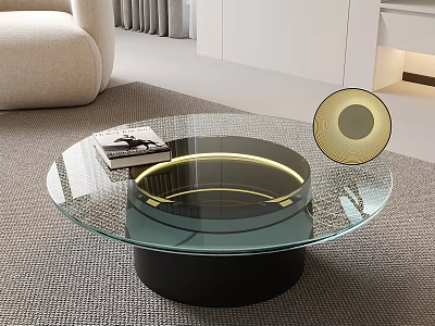 Modern Glass Coffee Table With Illuminated Ring And Black Base In Living Room 3d model