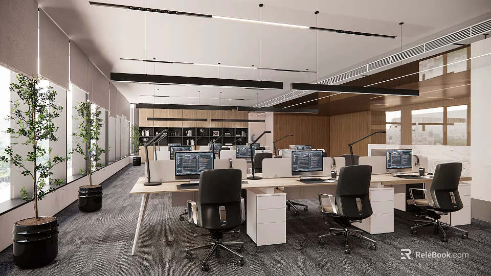 Modern Public Office Space Interior Design With Work Desks Computers And Ergonomic Chairs 3d model