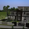 Modern Two Story Detached Villa With Black Roof White Walls Balconies And Garden