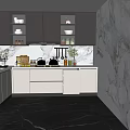 Modern Kitchen Interior Design With Gray Cabinets Marble Backsplash And Open Shelves 3d model
