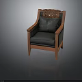 Traditional Wooden Chair With Intricate Carved Backrest And Black Cushioned Seat