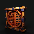 Cartoon Scene Wooden Box Featuring Circular Lattice Design And Blue Accents